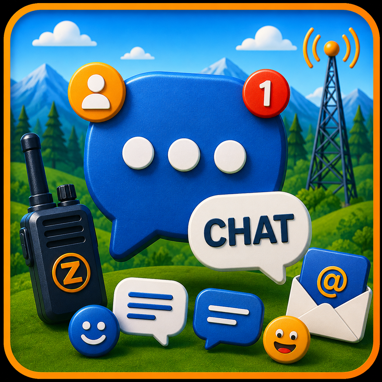 ZelloFunk Chat mit Funkgerät, Chat-Symbolen und Sendemast